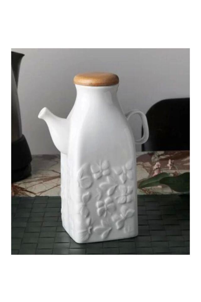 Gönül GNL3457 Bambu Kapaklı Beyaz Porselen Yağdanlık 1 lt